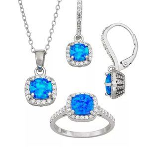 NWT Sterling silver LC Blue Opal &  White Sapphire Pendant, Ring 8 & Ear…